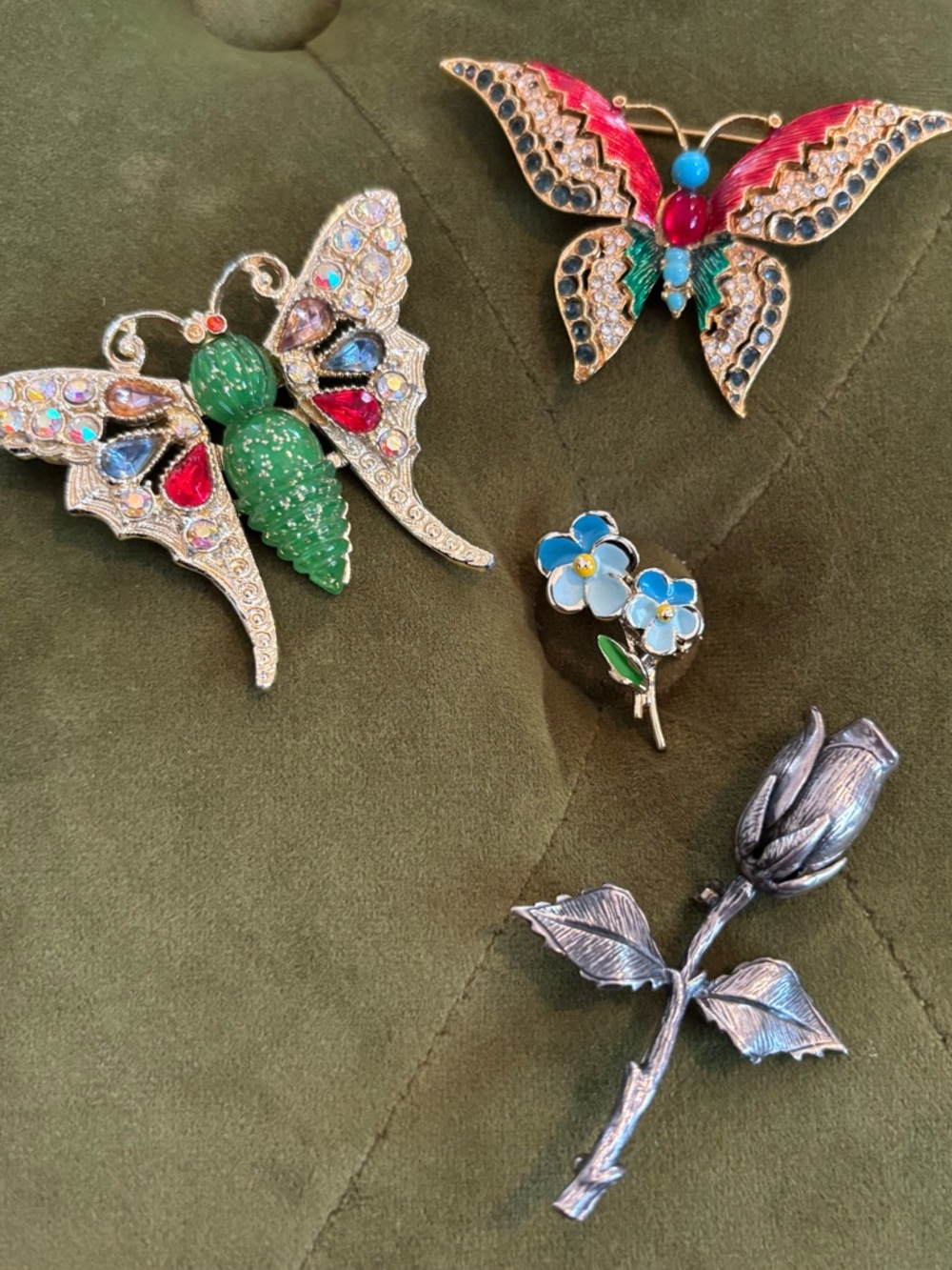 Four Assorted Butterfly and Floral Brooches - Green, Red, Blue, Silver Accents